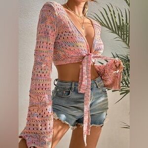 Bohemian Pink Multicolor Crochet Knit Tie-front Crop Cardigan Bell Sleeves Artsy